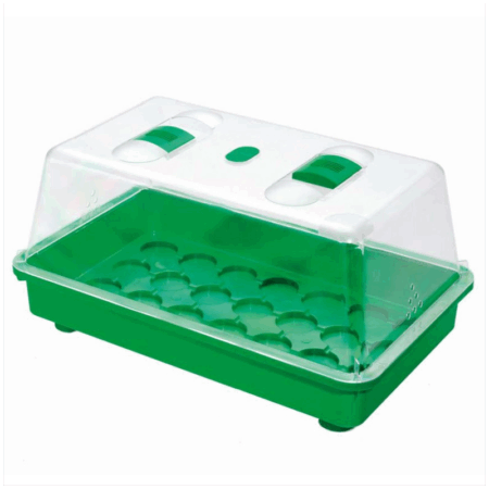 Romberg Zimmergewächshaus mit Belüftungsklappen für Kakteen-Aussaat.